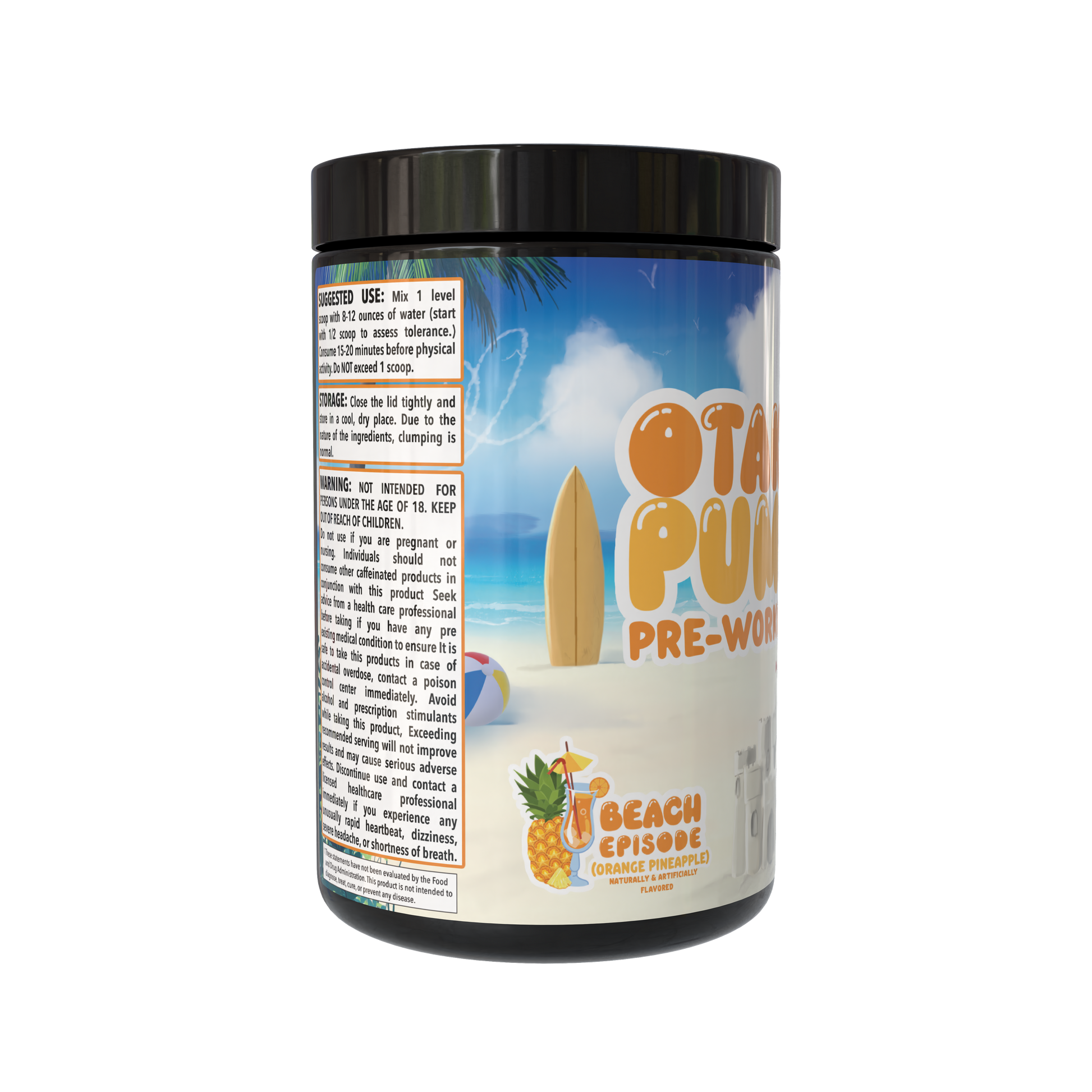 Pre-workout supplement container with beach-themed label on a white background