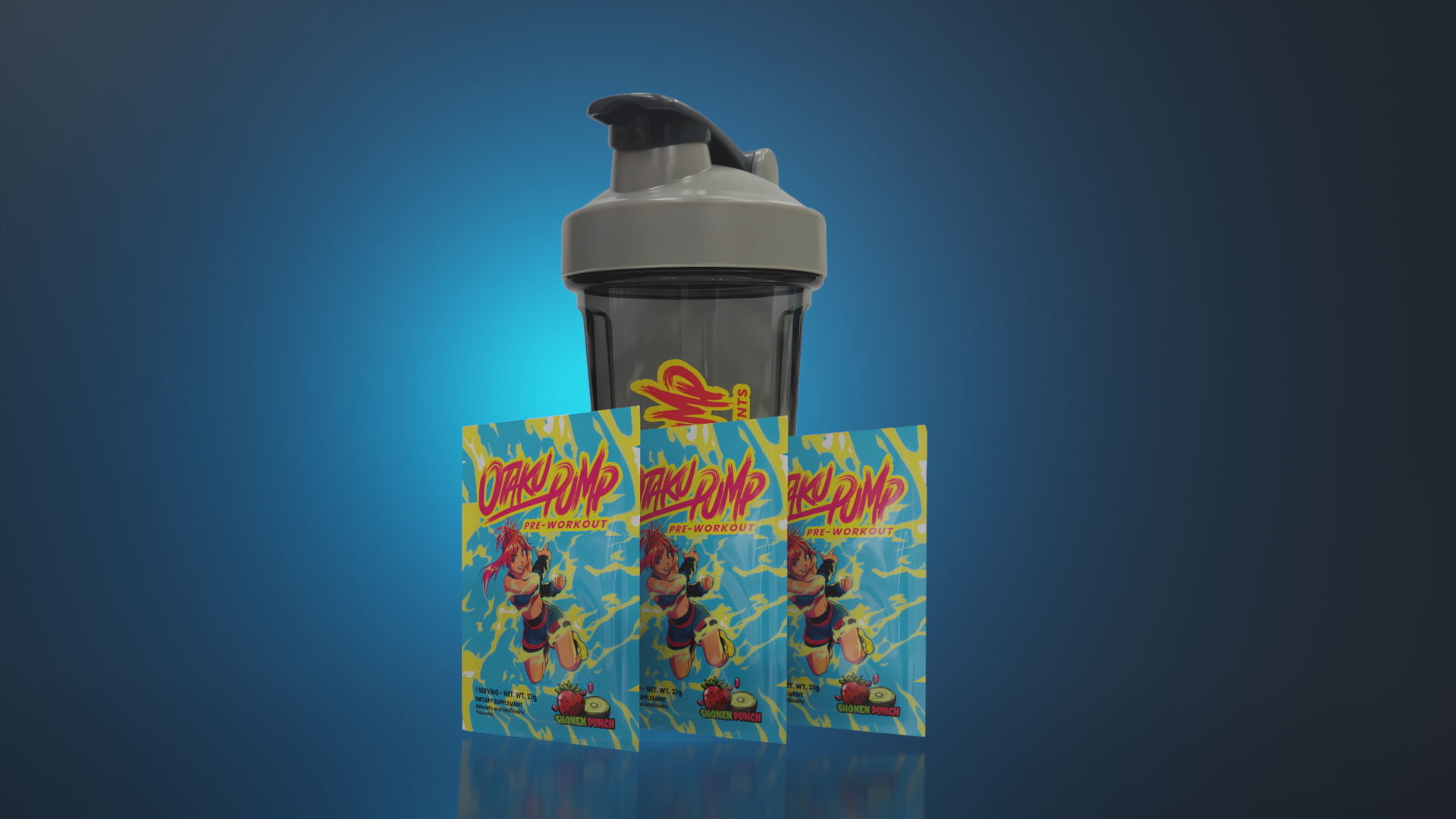 Black shaker bottle with colorful packets of Otaku Pump preworkout on a blue gradient background