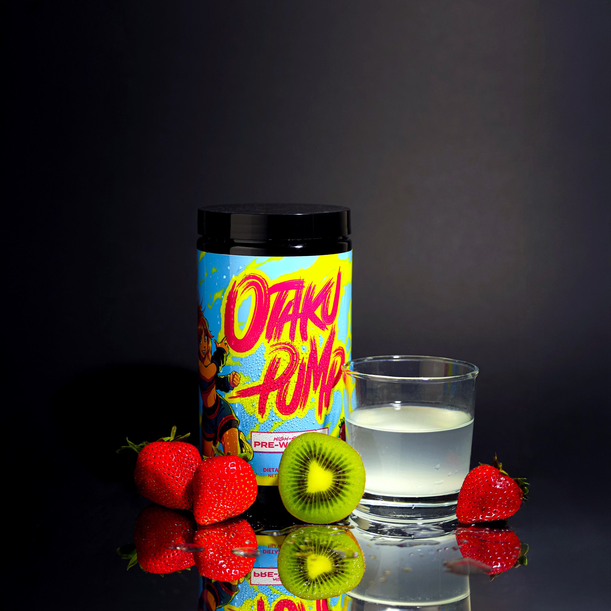 punch flavored preworkout container with strawberries and a glass of water
