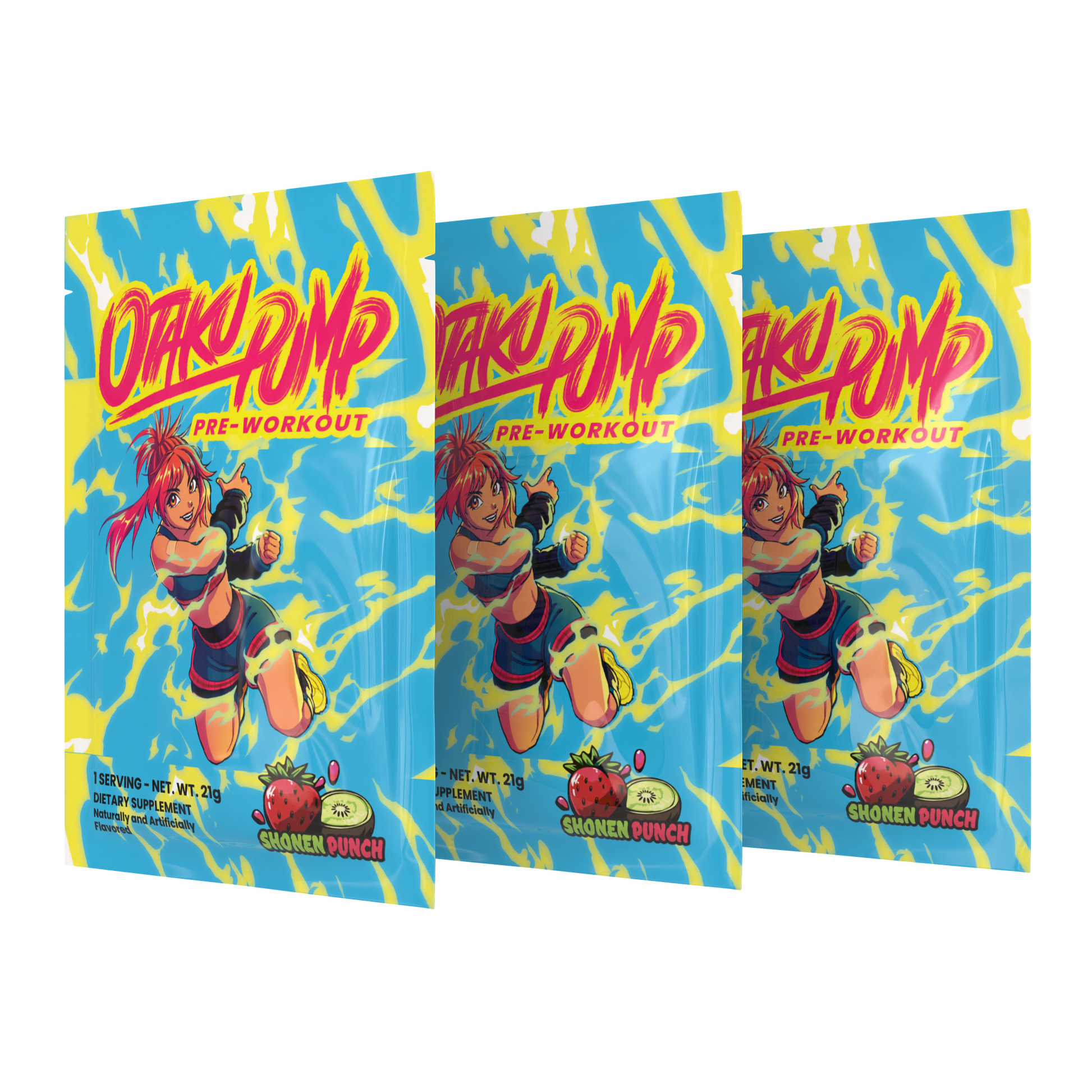 Three packages of Otaku Pump pre-workout supplement on a transparent background