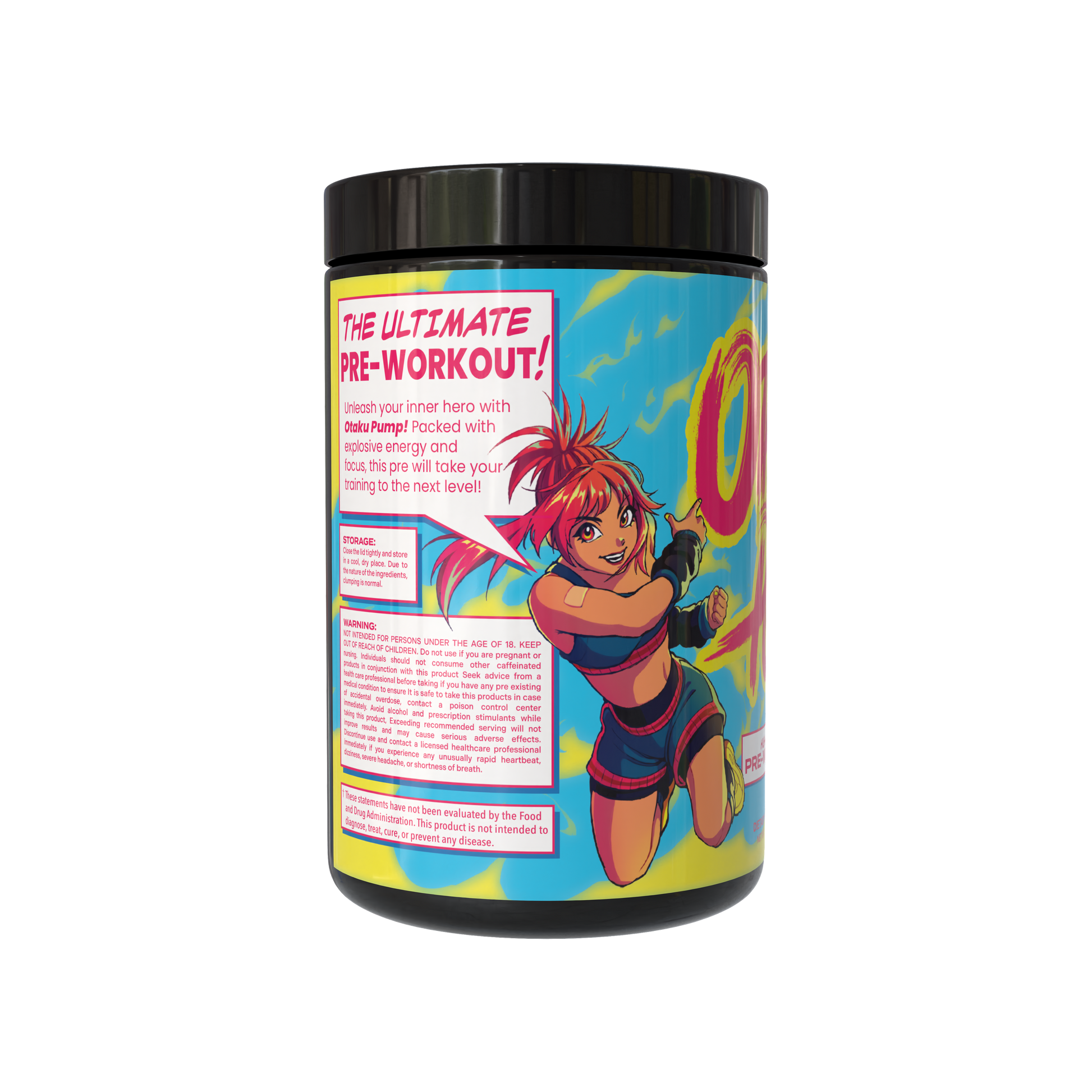 Pre-workout supplement container with colorful label and character illustration on a white background