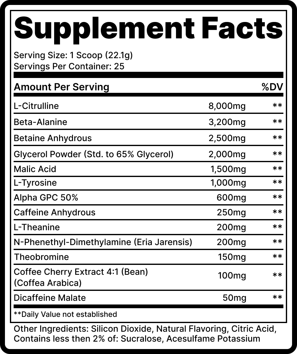 Supplement facts label with various ingredients and their amounts per serving.
