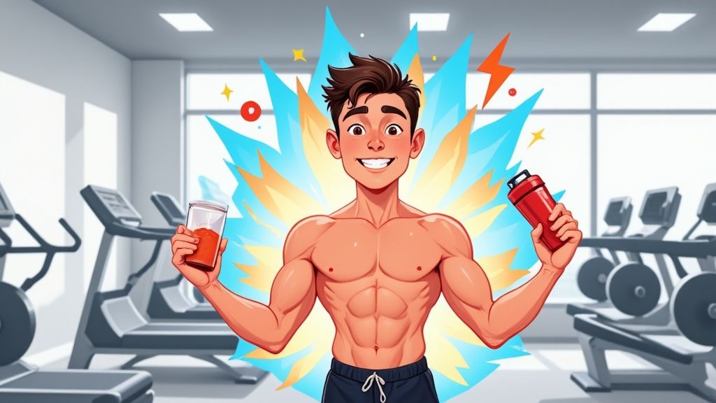 an illustration of a man in a gym with abs holding a preworkout shaker and glass of orange liquid with flames behind him