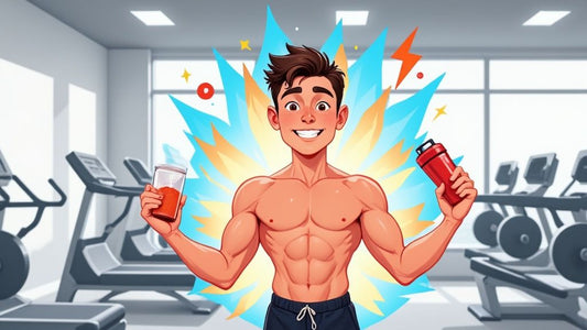 an illustration of a man in a gym with abs holding a preworkout shaker and glass of orange liquid with flames behind him