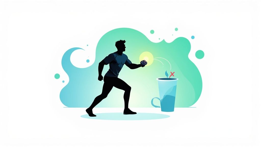 abstract artwork of a man walking to a cup in front of a green blob-like background