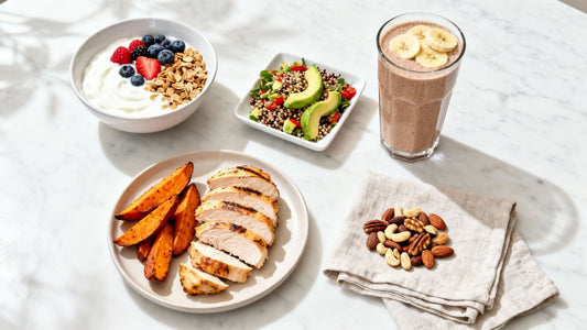a group of heathy foods on a white counter