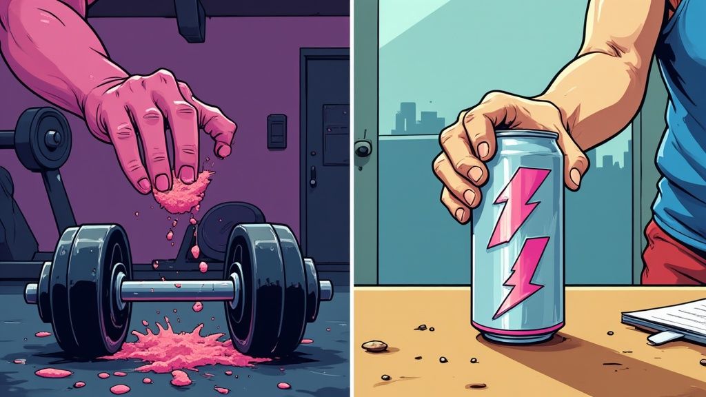 an illustration of a dumbell in front of a purple background and a energy drink being placed on a table