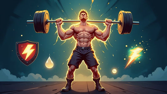 an illustration of a muscular man holding a barbell on his back in front of a dark sky