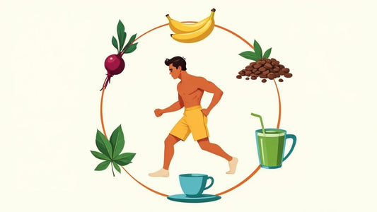 an illustration of a man running inside of a orange circle surrounded by herbs and food