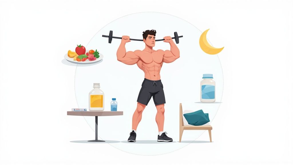 an illustration of a man flexing with a dumbbell, table, pill bottle, platter of fruit, and moon floating around him