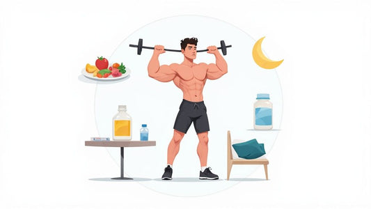 an illustration of a man flexing with a dumbbell, table, pill bottle, platter of fruit, and moon floating around him