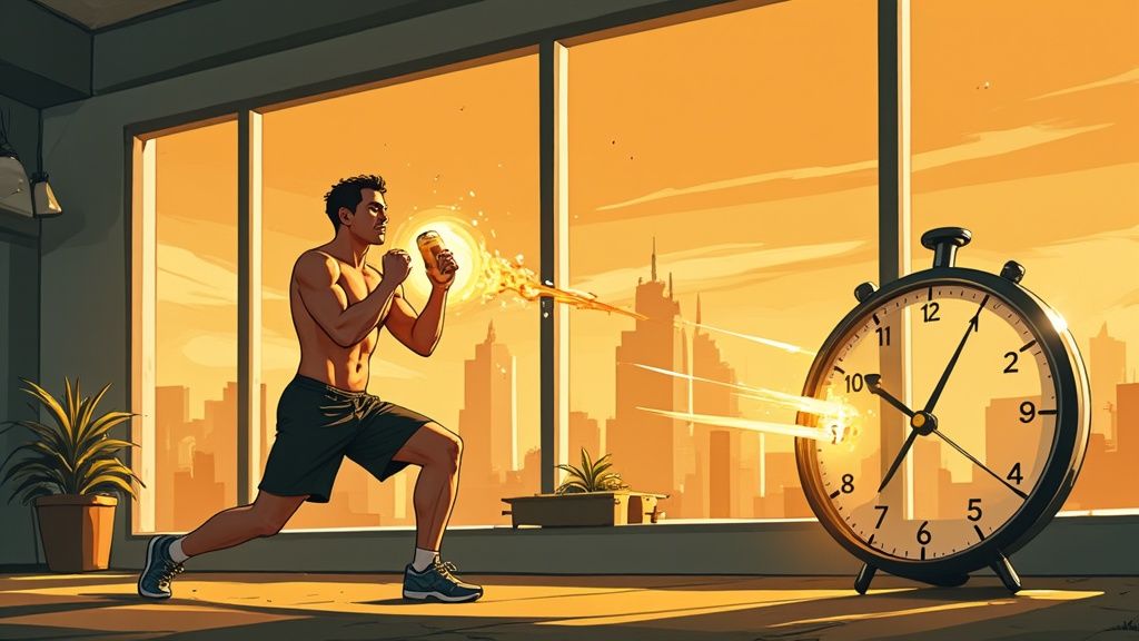 an illustration of a man working out in front of a city skyscape in a high rise window with a clock to the right