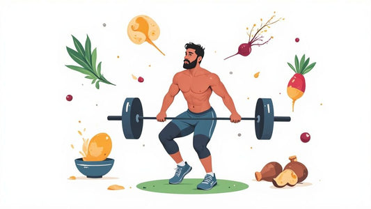 a man lifting a barbell with natural foods floating around him