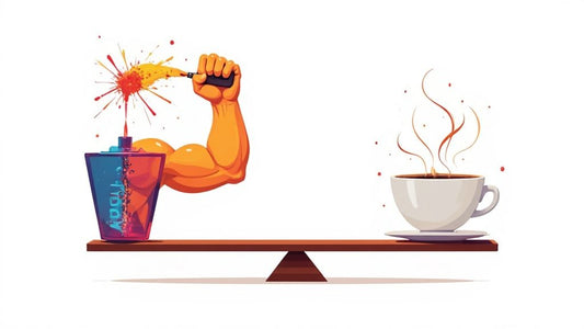 an abstract illustration of a cup with a flexing arm on one end of a scale with a steaming white coffee cup on the other end