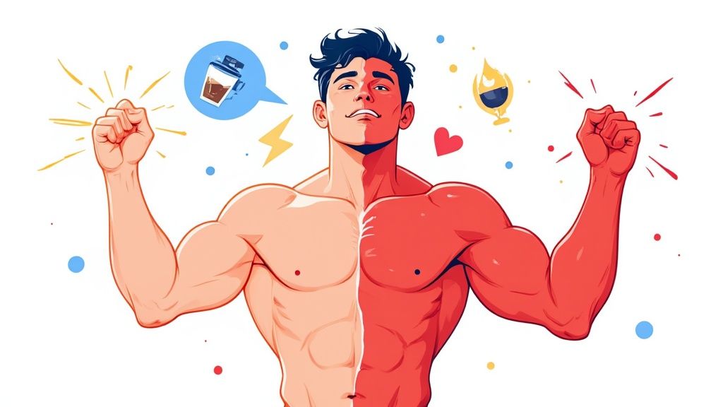 an illustration of a person flexing with a half red and half white body