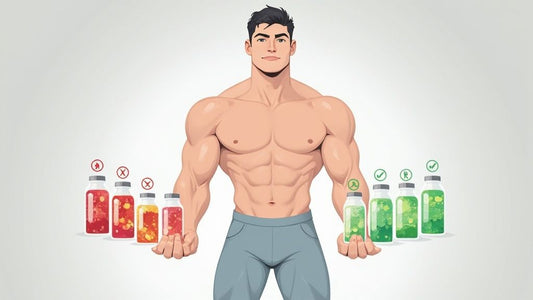 An illustration of a muscular man holding bottles of green and red liquid