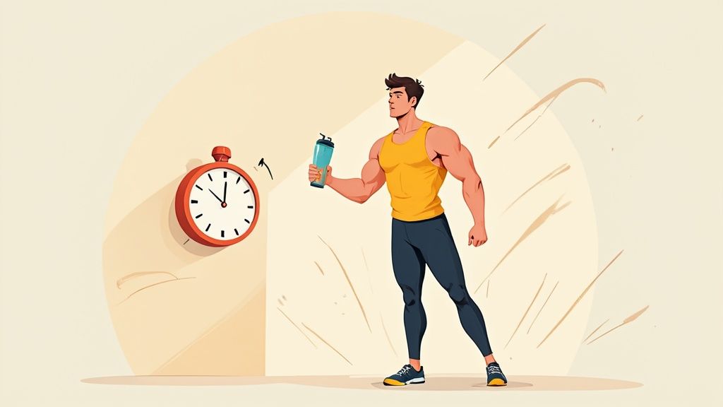 an illustration of a man in a yellow shirt in front of a tan background holding a blue shaker cup and a clock to the left