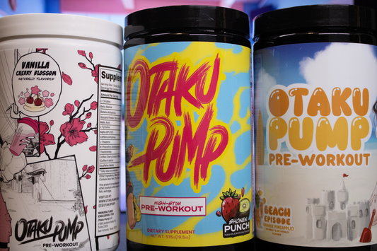 three Otaku Pump preworkout containers close up