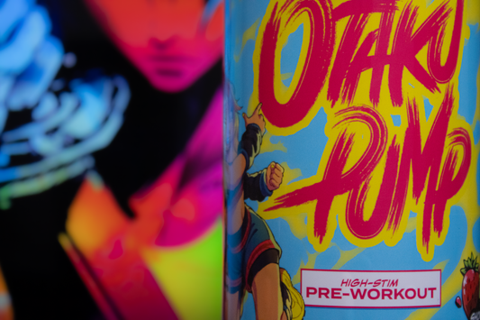 otaku pump high-stim preworkout in front of a colorful graffiti background