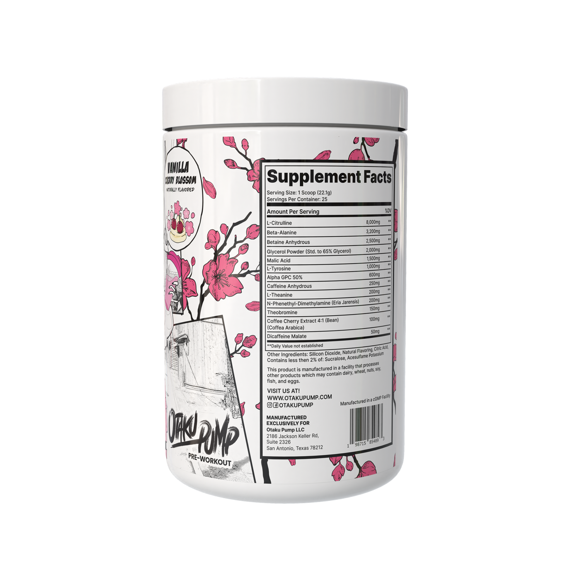 Supplement container with cherry blossom design and 'Otaku Pump' branding on a white background