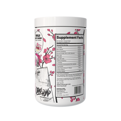 Supplement container with cherry blossom design and 'Otaku Pump' branding on a white background