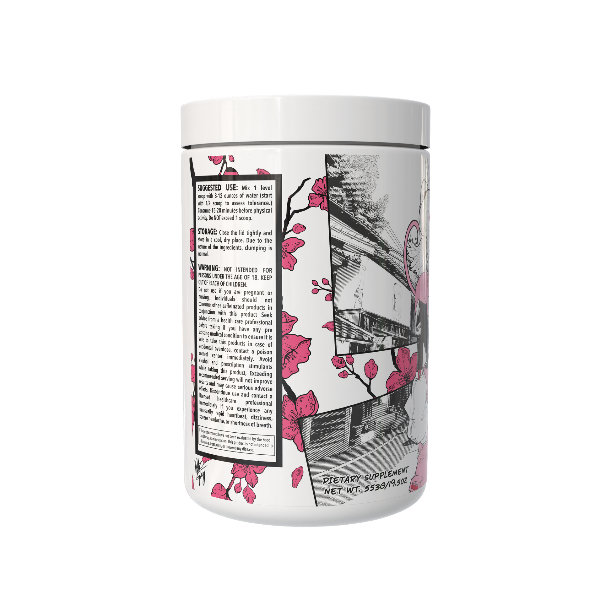 Supplement container with cherry blossom design and text on a white background