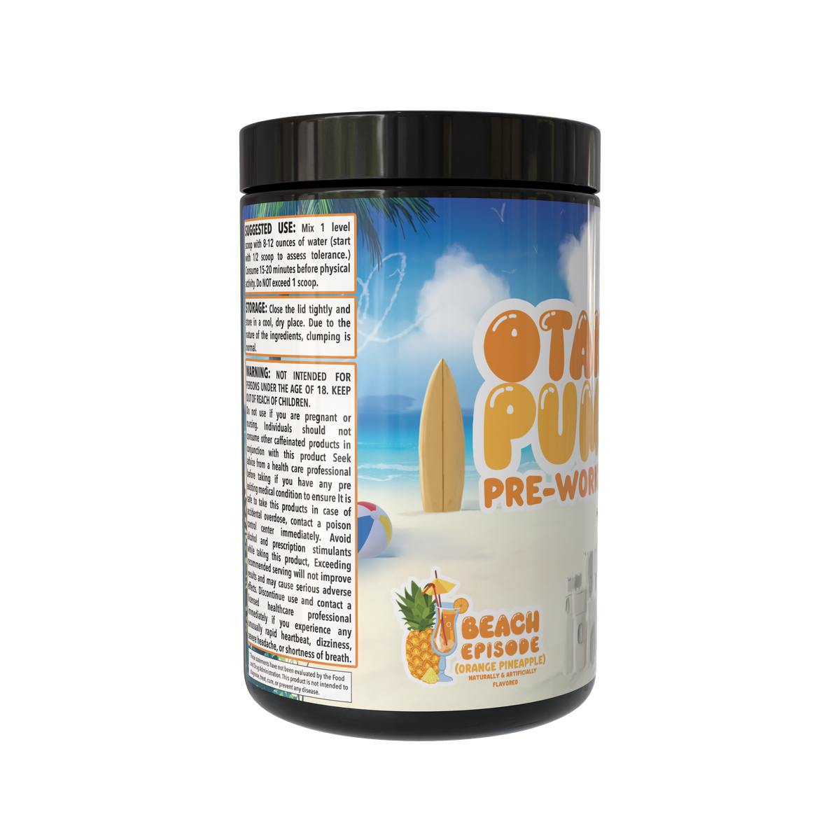 Pre-workout supplement container with beach-themed label on a white background