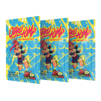Three packages of Otaku Pump pre-workout supplement on a transparent background