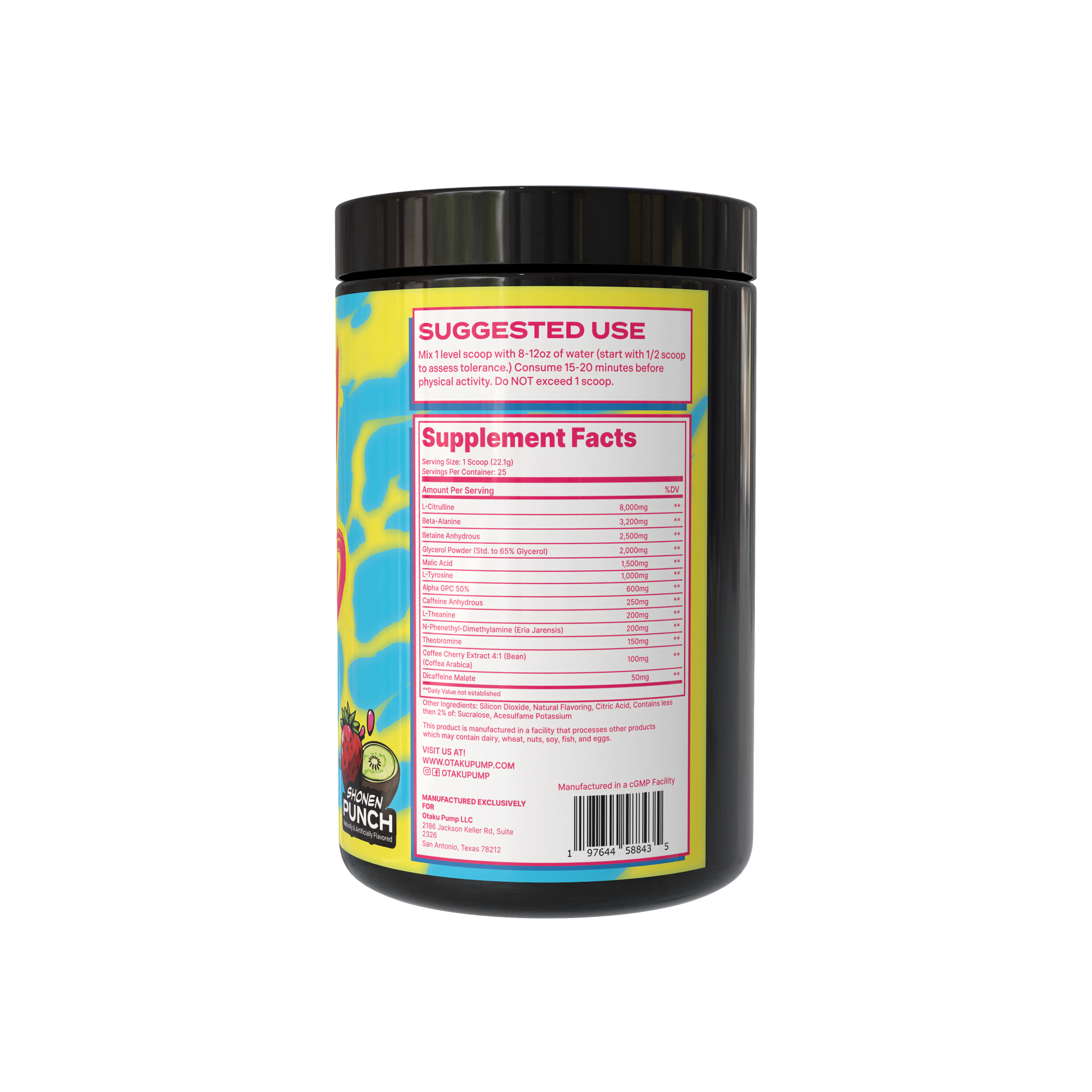 Supplement container with colorful label and 'Suggested Use' and 'Supplement Facts' text on a white background.