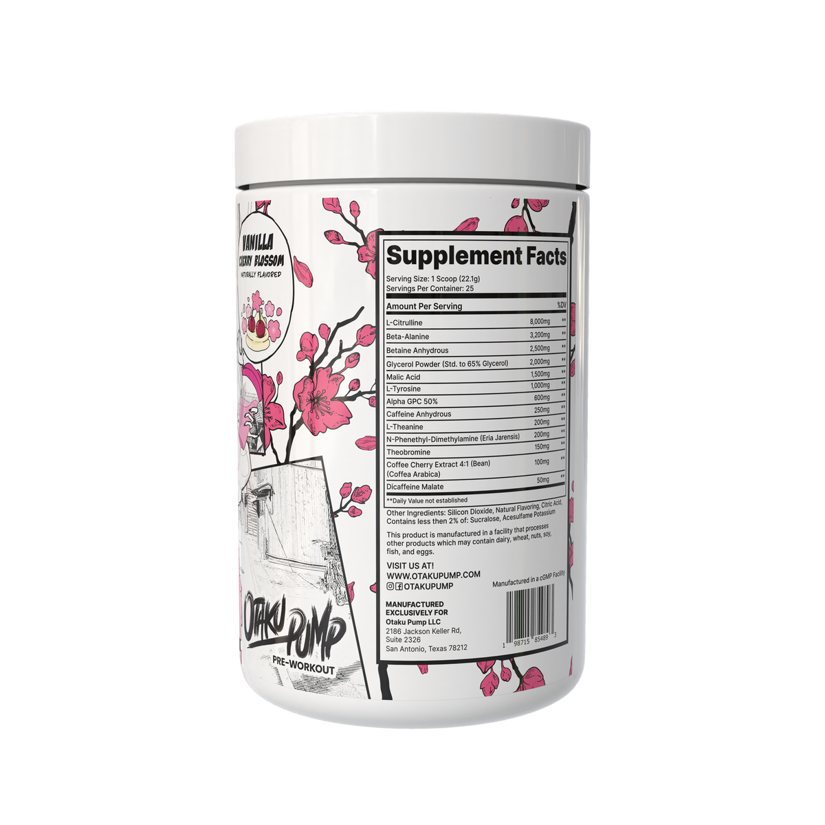 Supplement container with cherry blossom design and 'Otaku Pump' branding on a white background