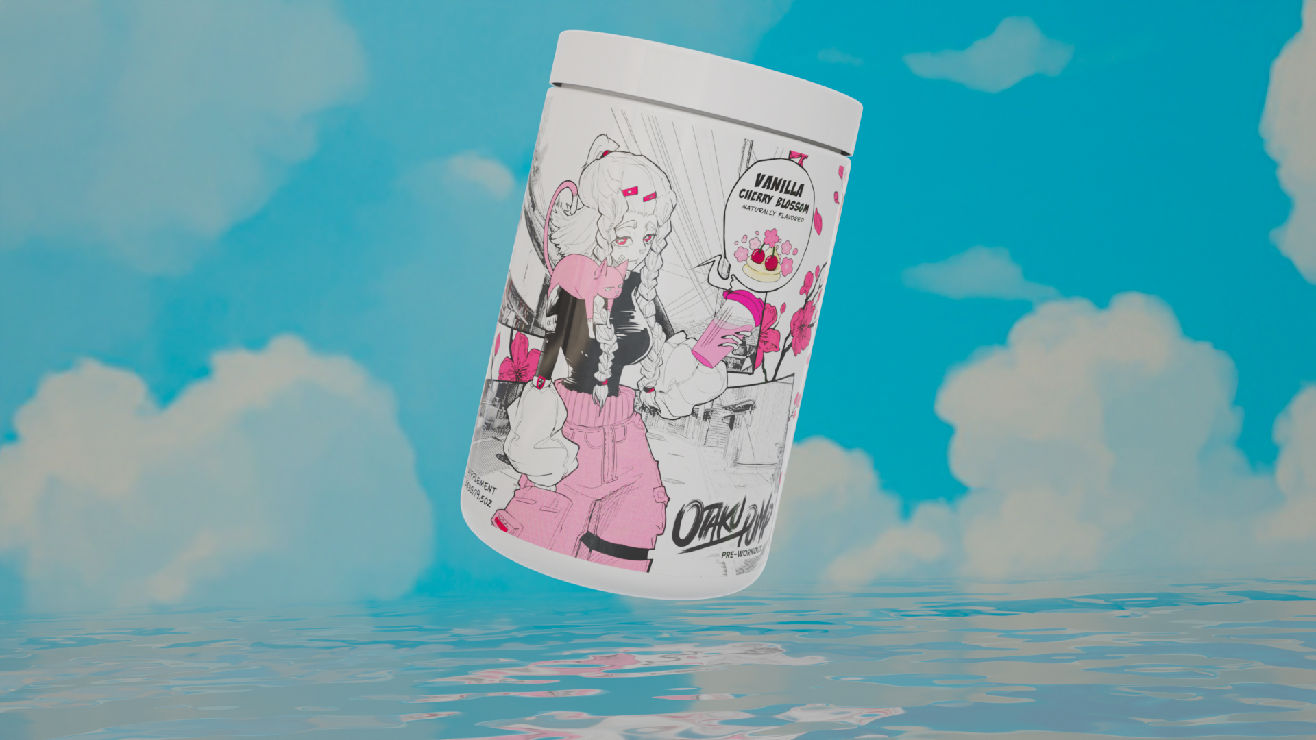 Preworkout container with an anime character design on a blue sky and water background